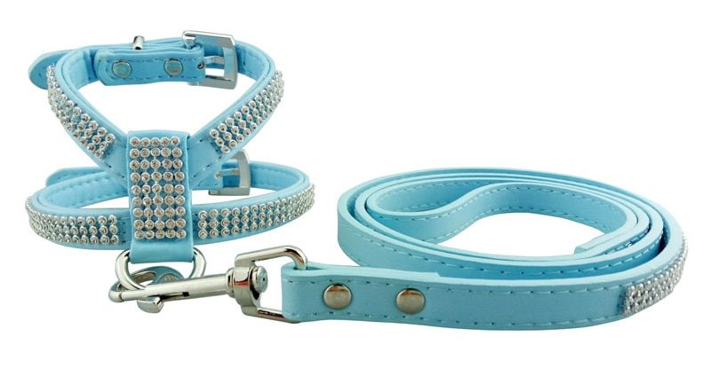 Blue Set-L -Pawstrip 4 Couleurs Pu Cuir Chien Harnais Laisse Plomb Bling Strass Chien Laisse Harnais Gilet Pour Petits Chiots Xs L
