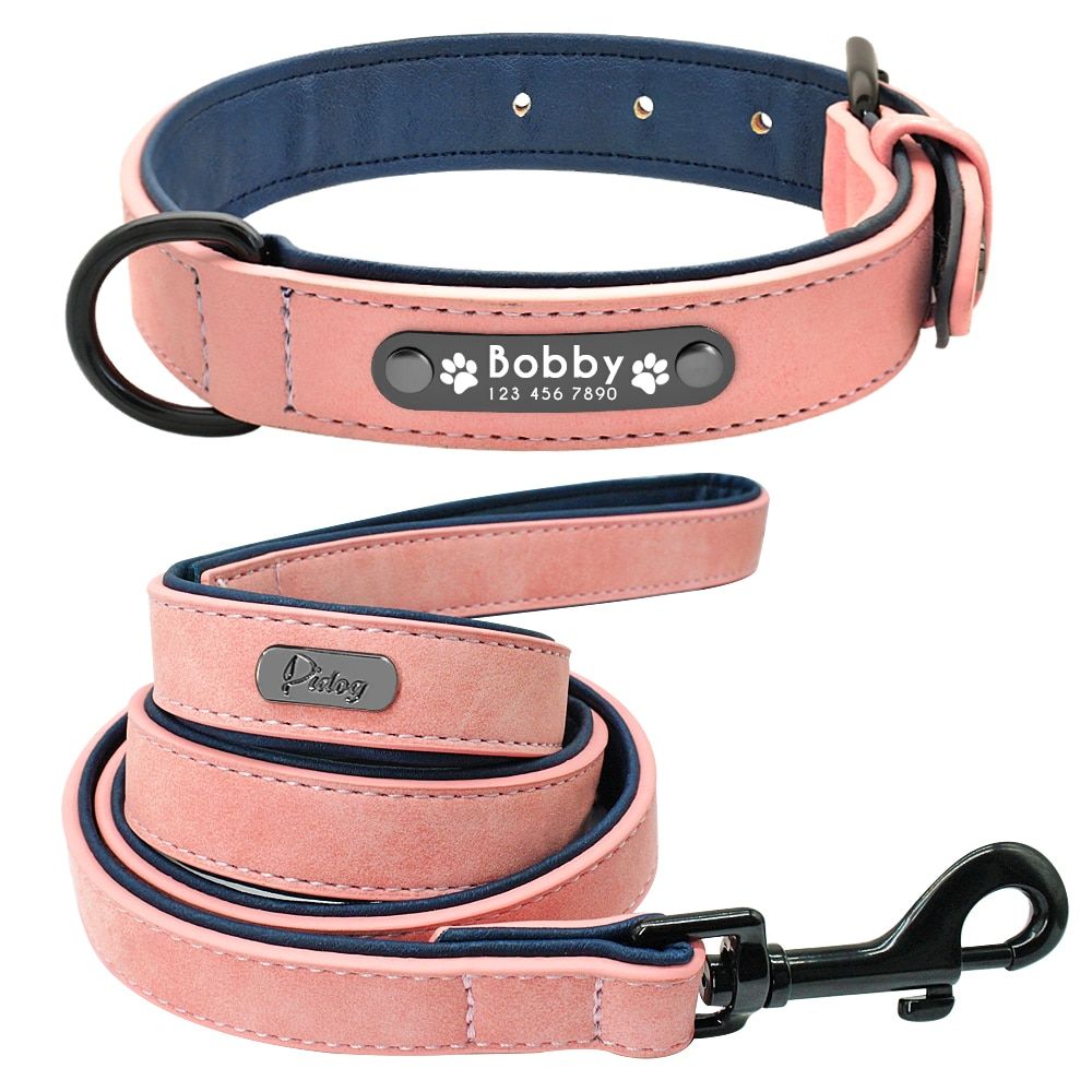 Pink Set-S -Ensemble De Laisse De Collier De Chien En Cuir Personnalisé Colliers De Chiens 2 Couches Laisse De Chien En Cuir Pour Pe