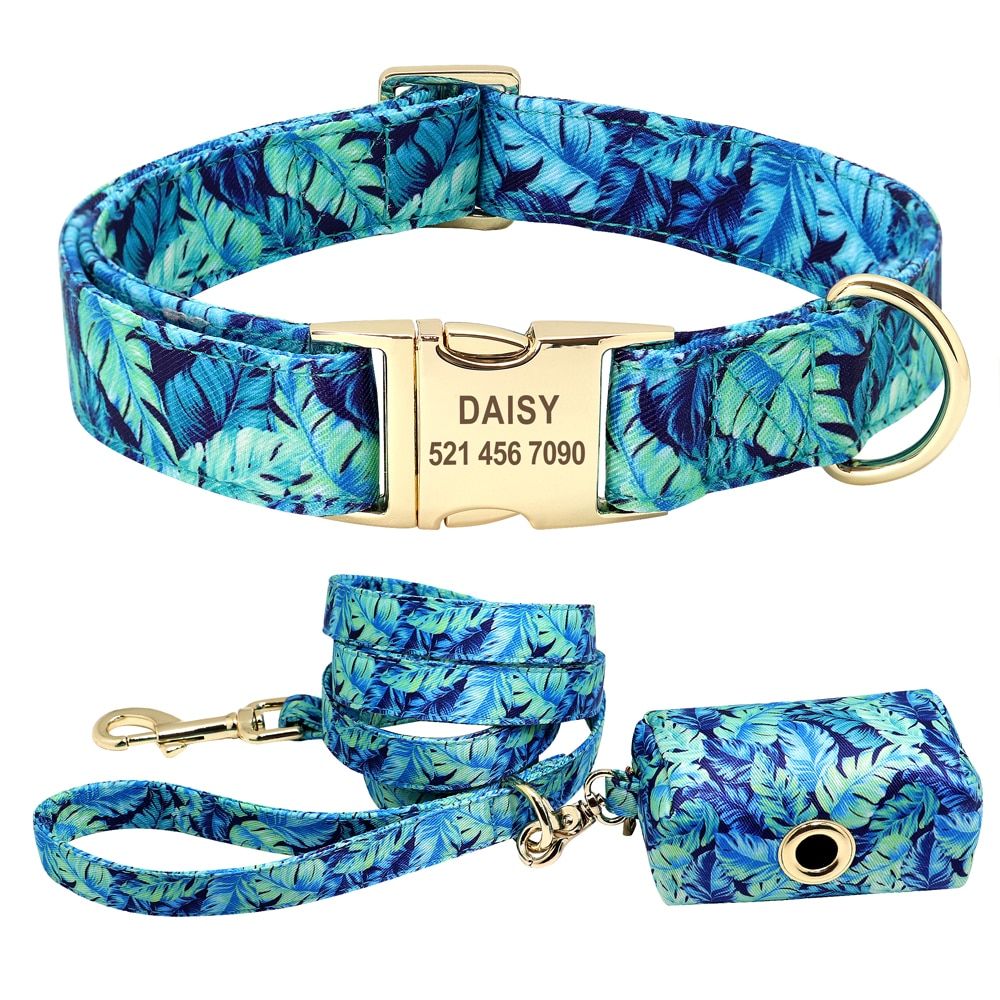 Blue Sets-M -Ensemble De Laisse De Collier De Chien  Collier De Chien Imprimé Personnalisé, Laisse De Collier De Chien En Nylon Gra