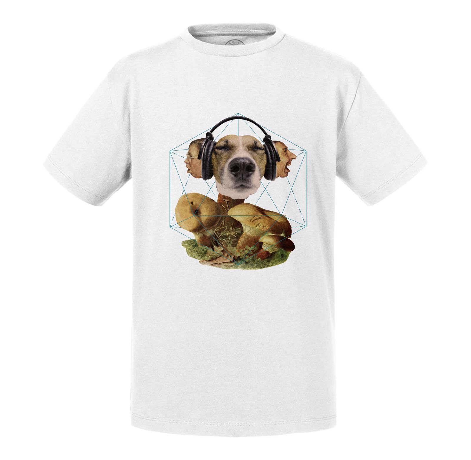 T-Shirt Enfant Chien Casque Audio Collage Art Surréalisme Vintage Champignon