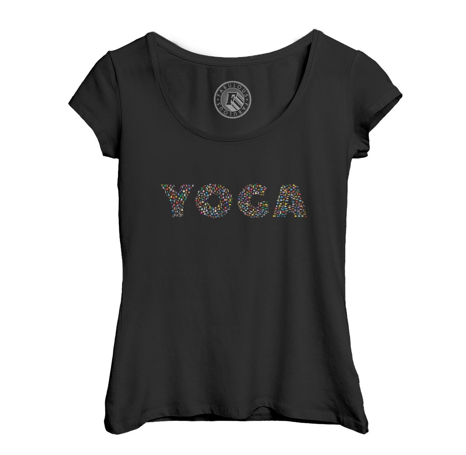 T-Shirt Femme Col Echancré Yoga Lettres Postures Meditation Asanas Bien Etre Couleurs