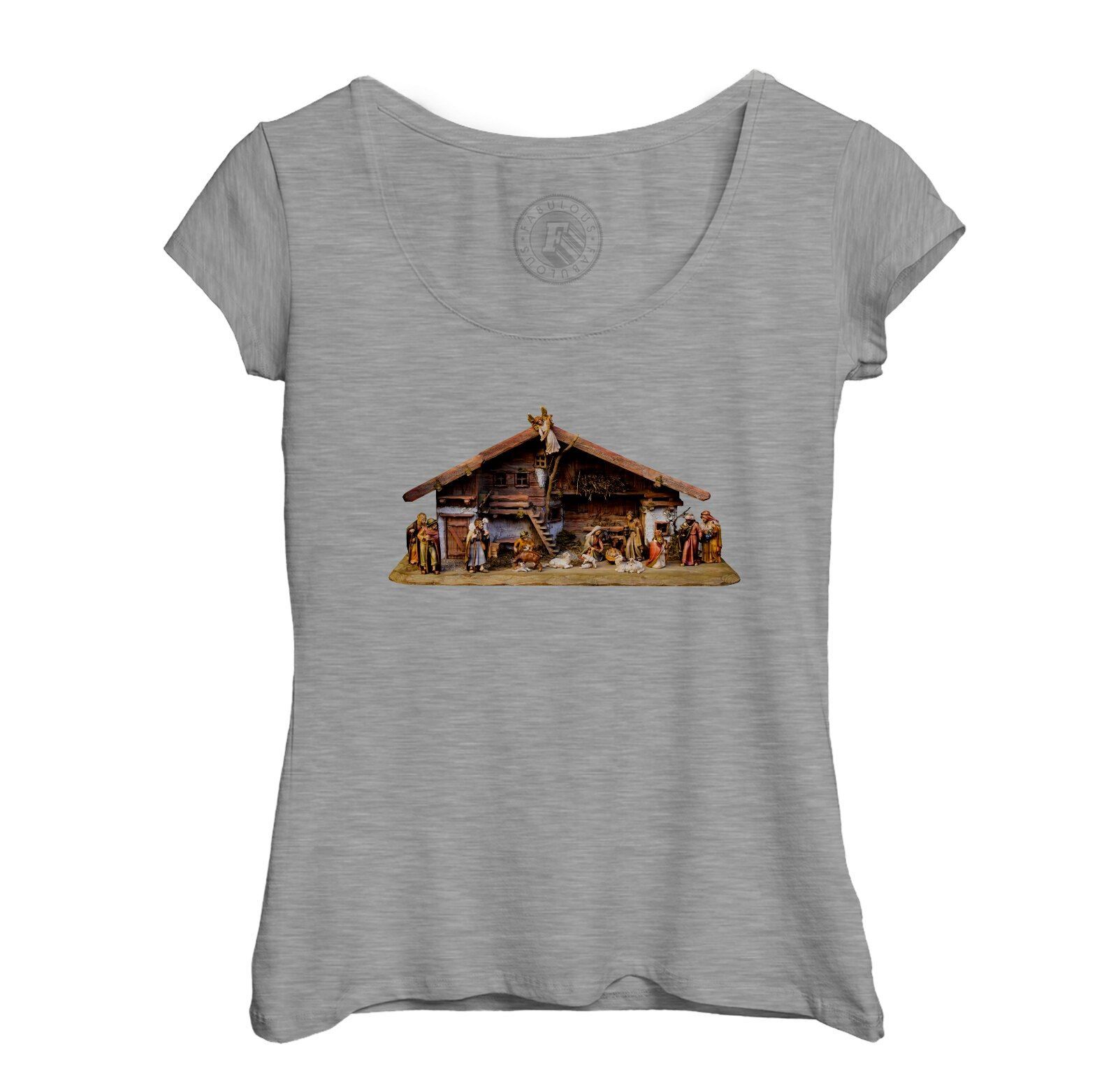 T-Shirt Femme Col Echancré Creche Naissance De Jesus Noel Rois Mages Marie Bible