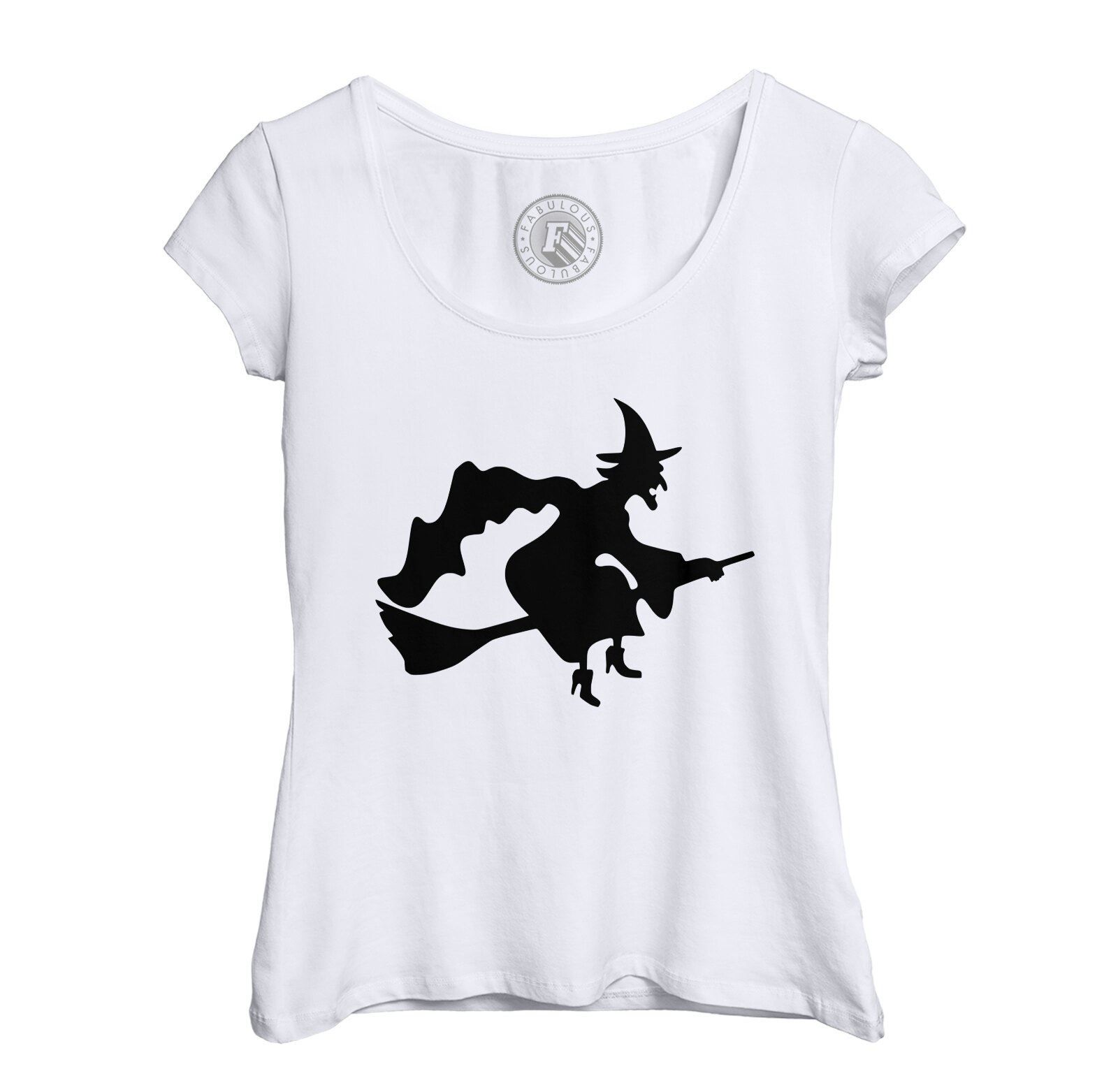 T-Shirt Femme Col Echancré Halloween Sorciere Balai Nez Crochu Magique