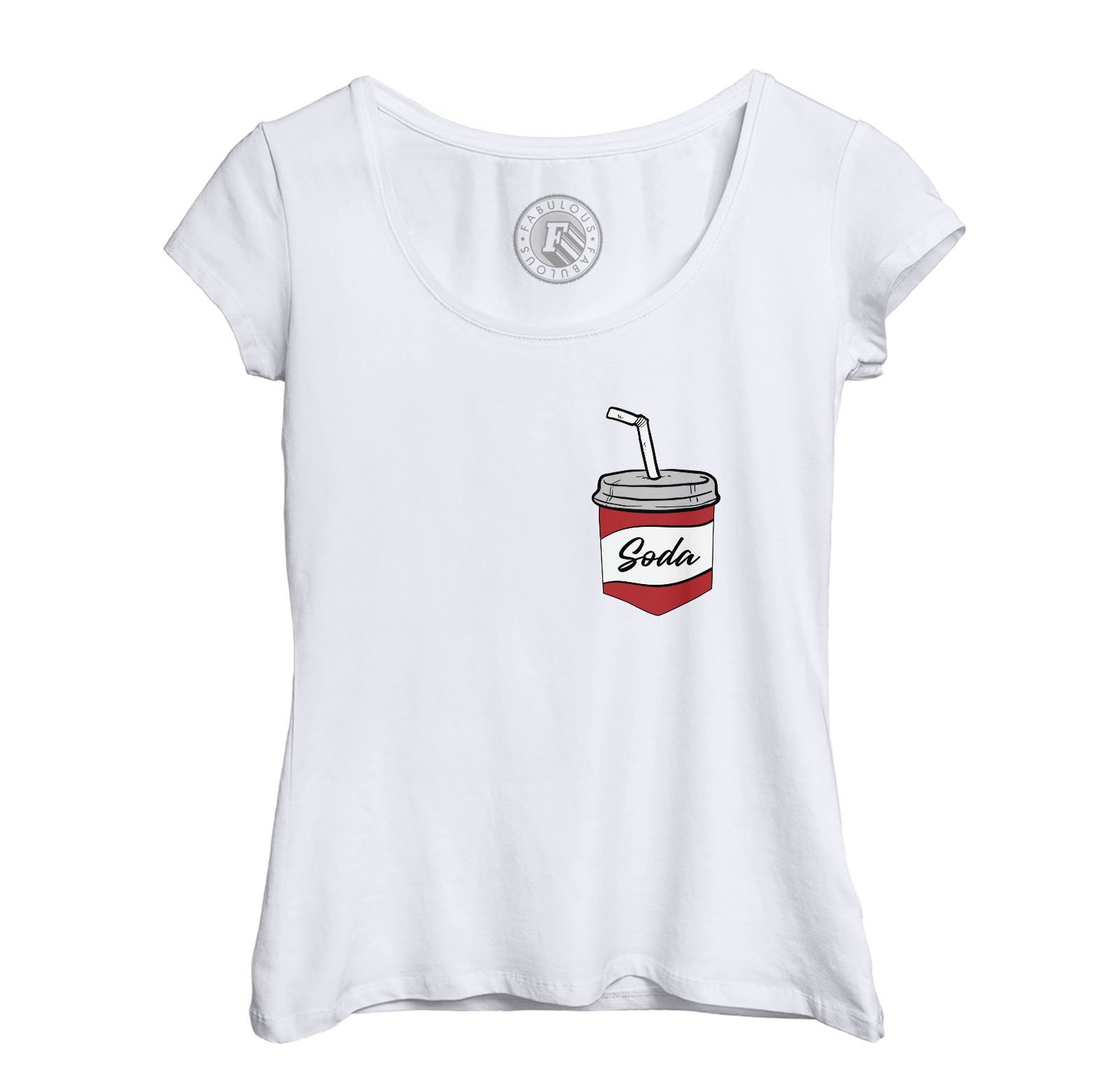 T-Shirt Femme Col Echancré Poche Surprise Soda Boisson Sucre Film Dessin