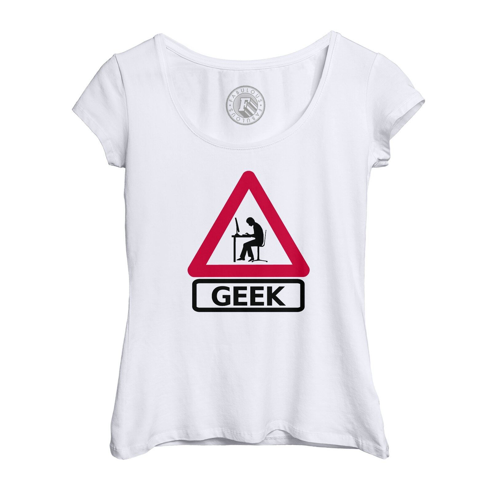 T-Shirt Femme Col Echancré Panneau Attention Geek Jeux Vidéo Ordinateur