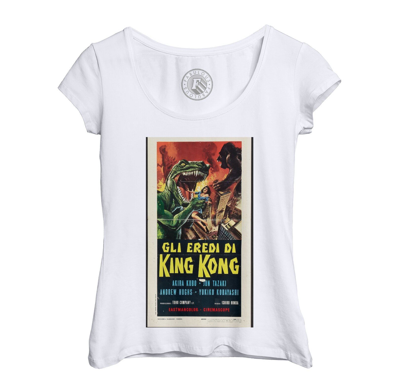 T-Shirt Femme Col Echancré King Kong Versus Godzilla Vieille Affiche Italienne De Film Rétro Poster Cinéma Vintage