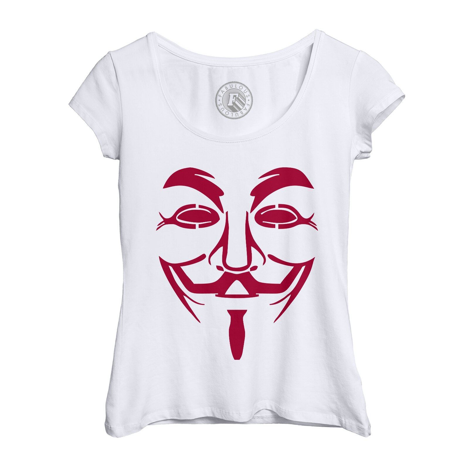 T-Shirt Femme Col Echancré Visage Anonymous Rouge Hacker