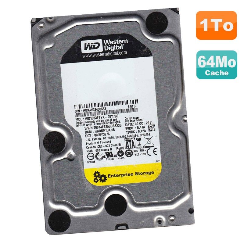 Disque Dur 1To SATA 3.5 WD IBM WD1003FBYX-05Y7B0 108-00268+A0 00V7466 00V7467