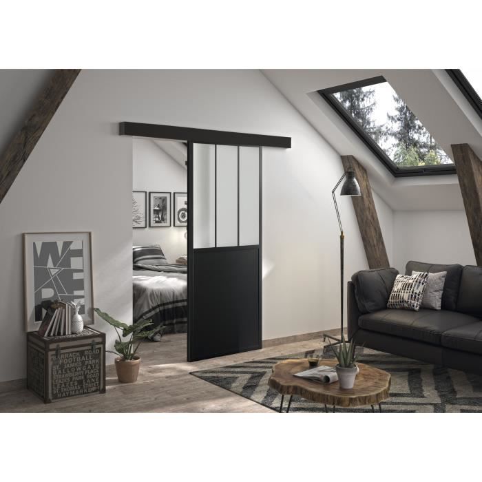 OPTIMUM - Kit porte coulissante + rail + bandeau Atelier - H 204 x L 93 x P 4 cm - Noir verre dépoli