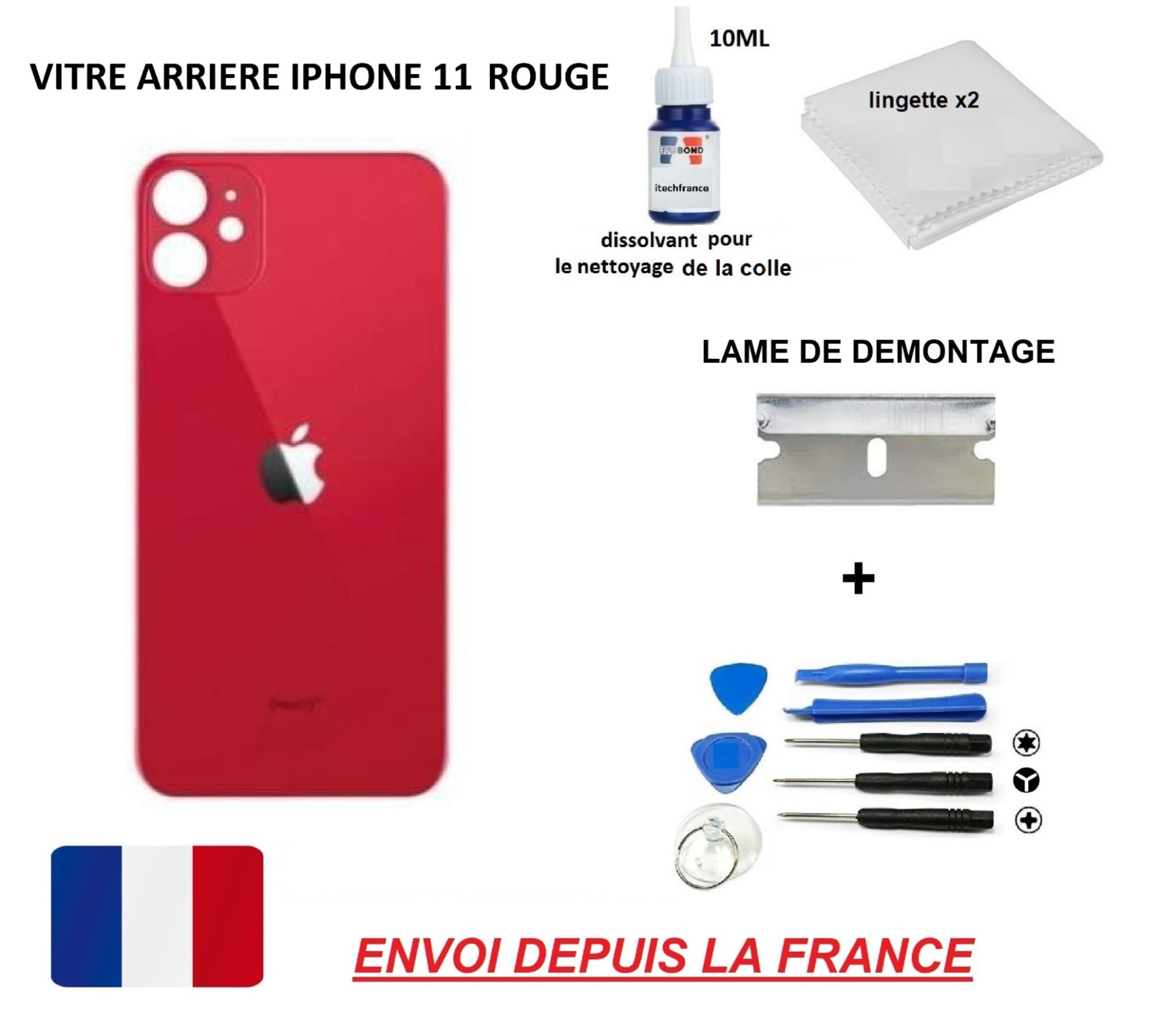 Vitre Arrière Compatible Iphone 11 Rouge 6.1 Qualité Origine En Verre, Coque Cache Batterie Double Face Adhésif, Dissolvant, Kit Outil