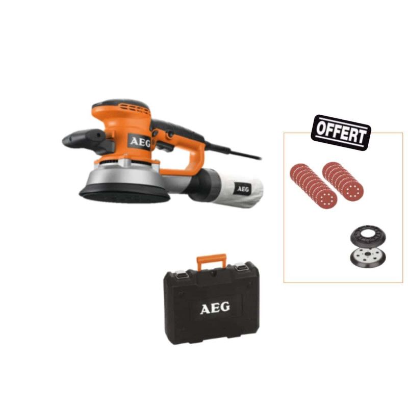 Pack AEG Ponceuse excentrique 150mm EX 150 ED SET 25 abrasifs un plateau de ponçage et une jupe offerts