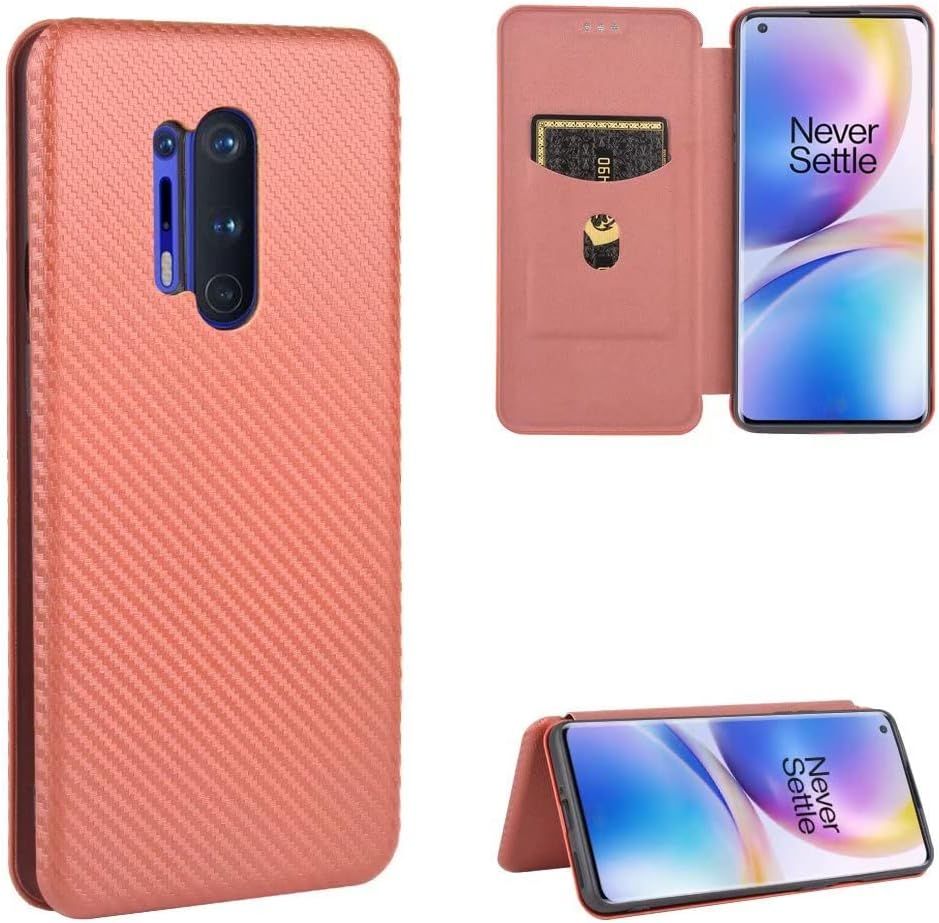 Compatible Avec Coque One Plus 8 Pro, Mince Flip Fibre De Carbone [Test De Chute] Antichoc Stand Fente Avec Carte, Protecteur D'écran En Verre Trempé*2-Marron