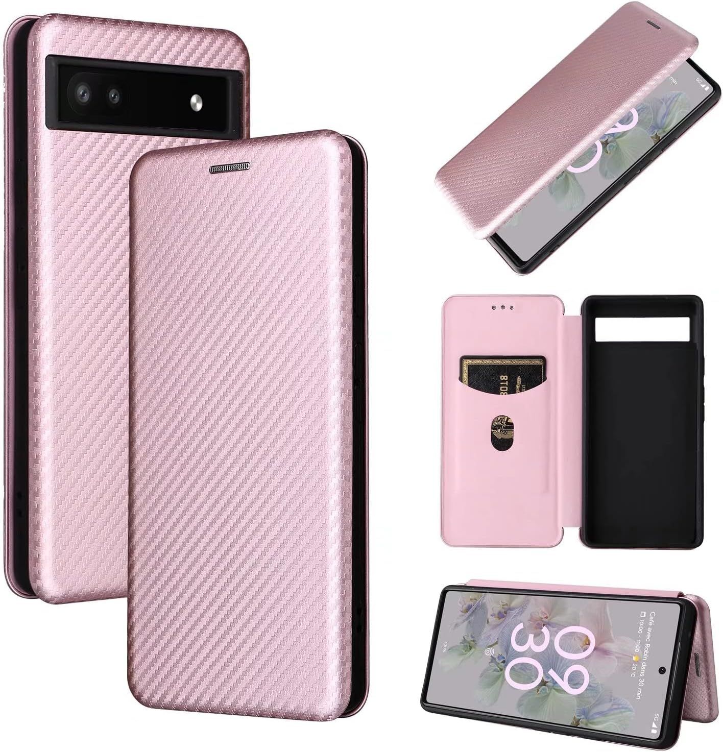 Compatible Avec Coque Google Pixel 6a, Mince Flip Fibre De Carbone [Test De Chute] Antichoc Stand Fente Avec Carte, Protecteur D'écran En Verre Trempé*2-Or Rose