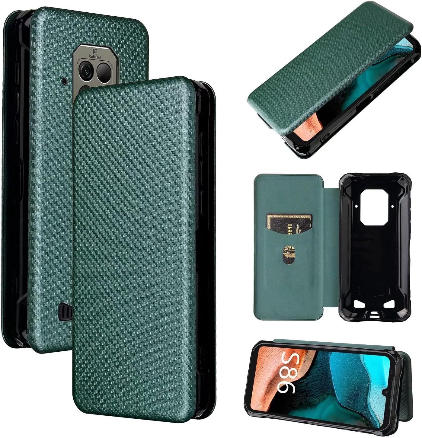 Compatible Avec Coque Doogee S86 Pro, Mince Flip Fibre De Carbone [Test De Chute] Antichoc Stand Fente Avec Carte, Protecteur D'écran En Verre Trempé*2-Vert