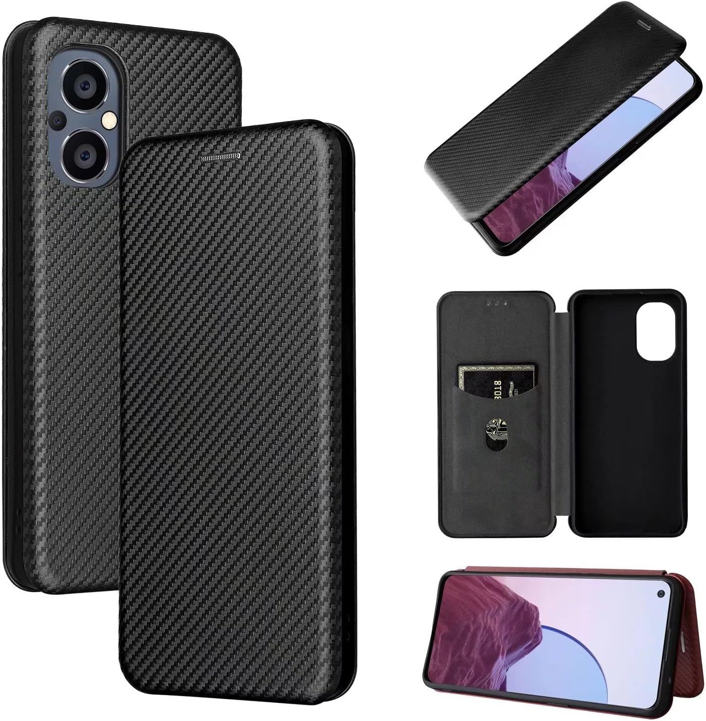 Compatible Avec Coque One Plus Nord N20 5g, Mince Flip Fibre De Carbone [Test De Chute] Antichoc Stand Fente Avec Carte, Protecteur D'écran En Verre Trempé*2-Noir