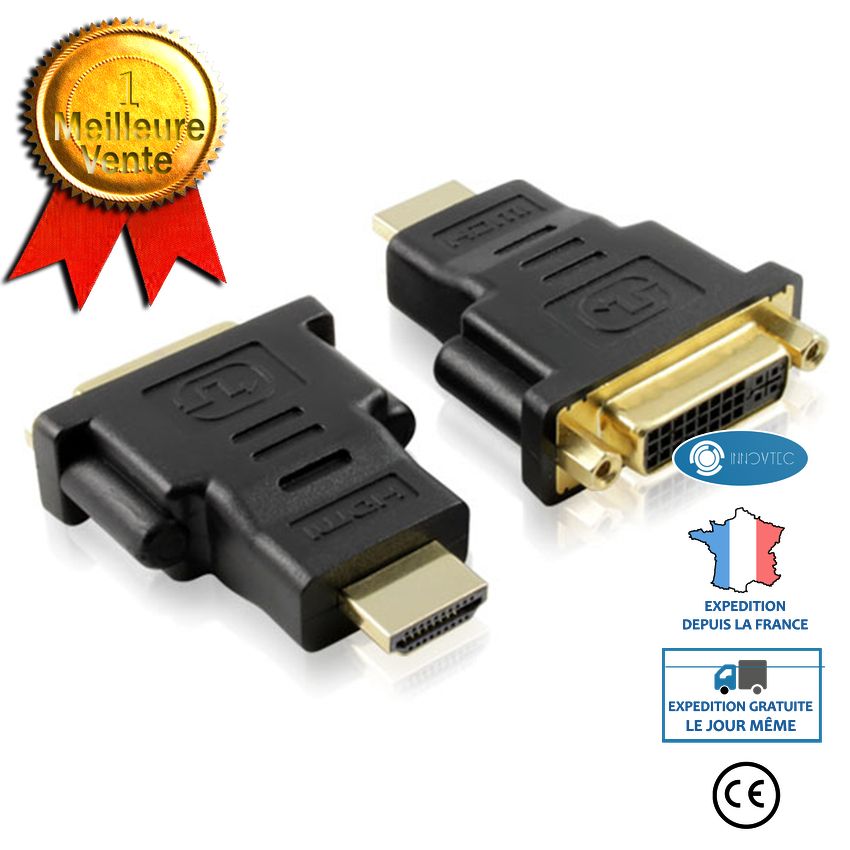 INN® Adaptateur DVI vers HDMI femelle-mâle Convertisseur DVI vers HDMI Adaptateur bidirectionnel Port 1080P Câble HD