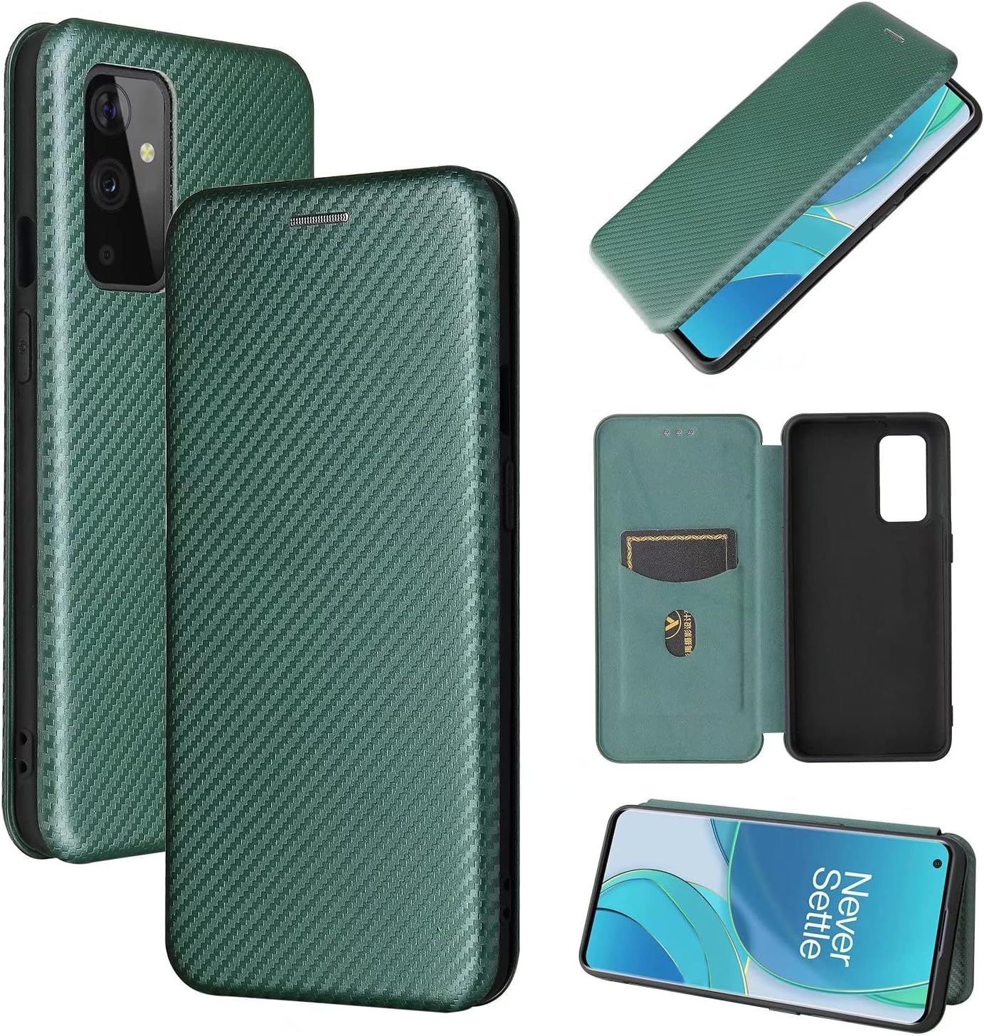 Compatible Avec Coque One Plus 9 (Eur Us), Mince Flip Fibre De Carbone [Test De Chute] Antichoc Stand Fente Avec Carte, Protecteur D'écran En Verre Trempé*2-Vert