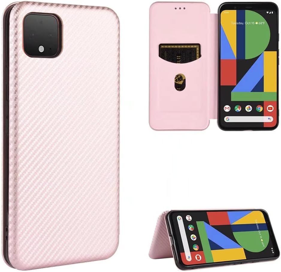 Compatible Avec Coque Google Pixel 4 Xl, Mince Flip Fibre De Carbone [Test De Chute] Antichoc Stand Fente Avec Carte, Protecteur D'écran En Verre Trempé*2-Or Rose