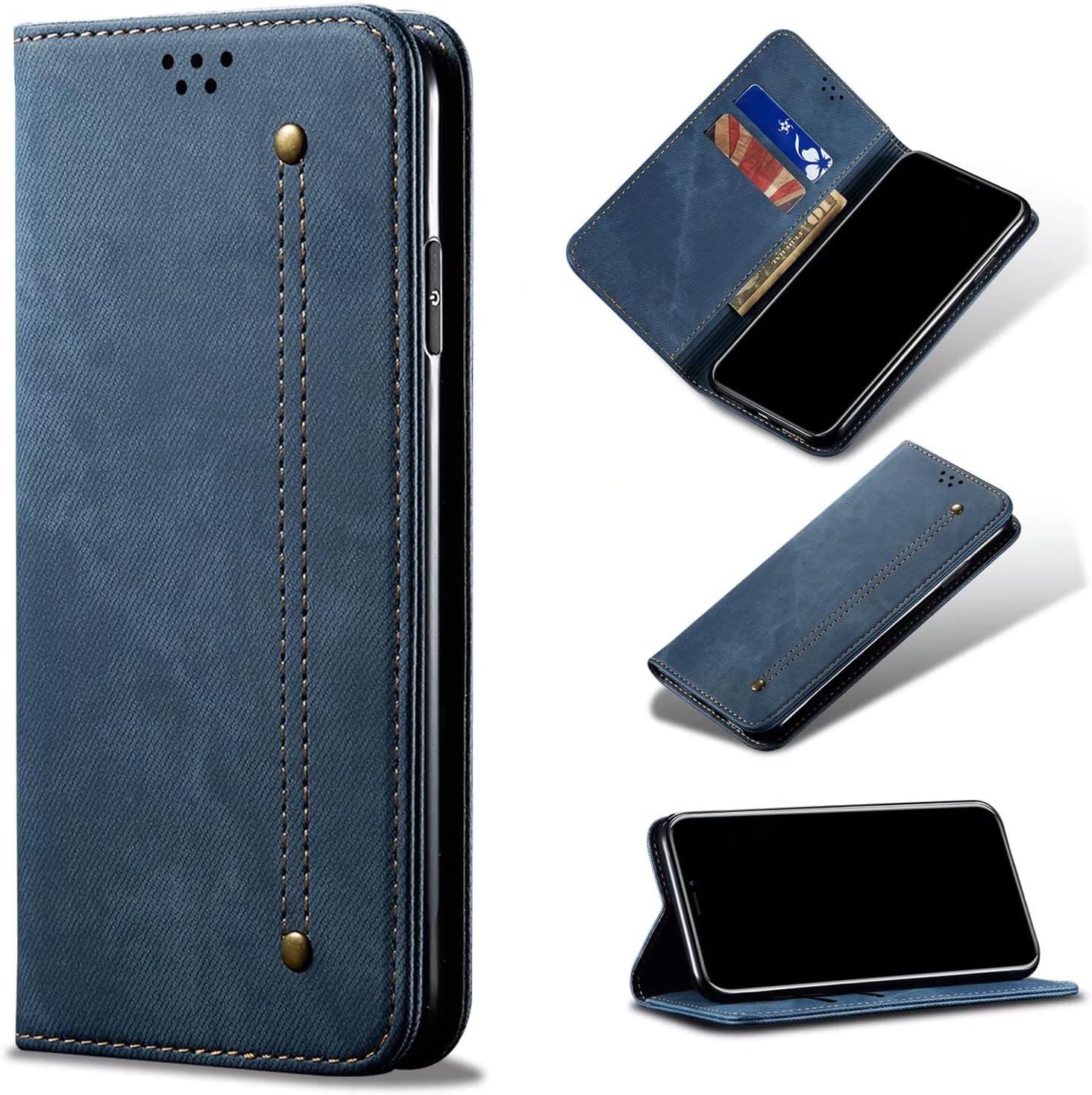 Compatible Avec Etui One Plus Nord N20 5g, Flip Jeans Portefeuille Housse Avec Fente Carte, Magnétique Stand+Protecteur D'écran En Verre Trempé*2-Bleu