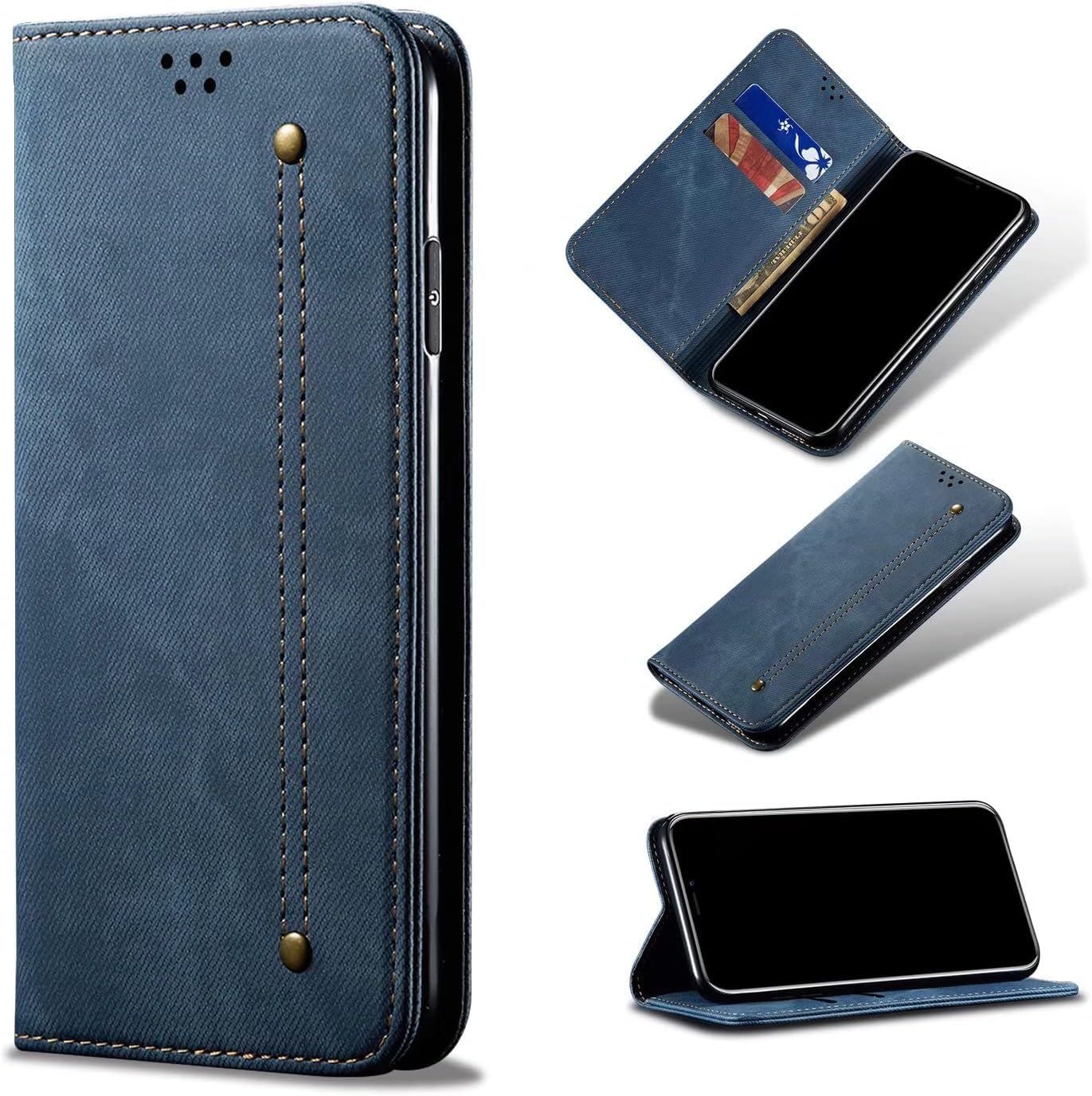 Compatible Avec Etui One Plus 7t, Flip Jeans Portefeuille Housse Avec Fente Carte, Magnétique Stand+Protecteur D'écran En Verre Trempé*2-Bleu