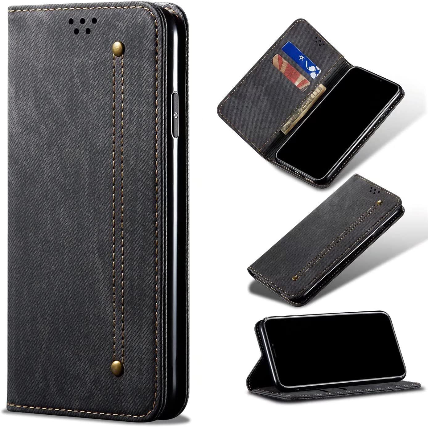 Compatible Avec Etui One Plus Nord N10 5g, Flip Jeans Portefeuille Housse Avec Fente Carte, Magnétique Stand+Protecteur D'écran En Verre Trempé*2-Noir