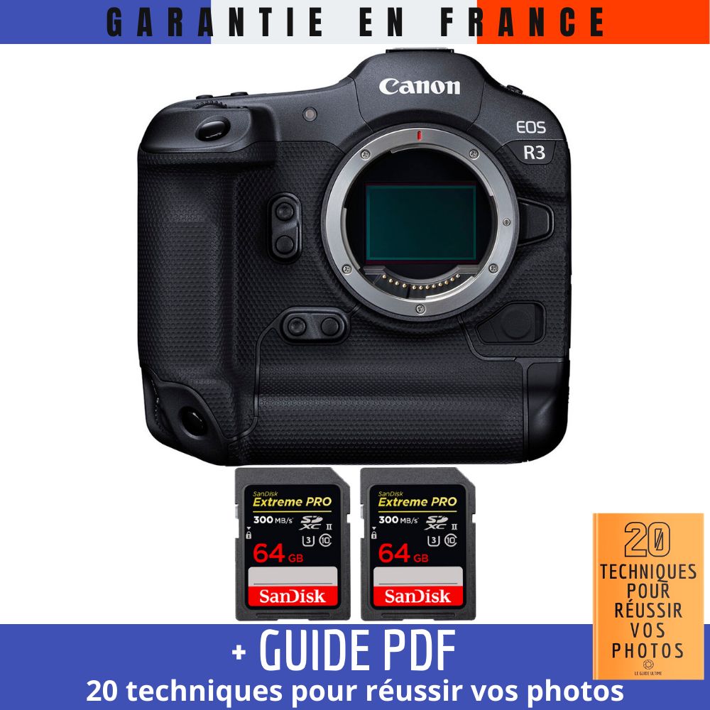 Canon EOS R3 + 2 SanDisk Extreme PRO UHS II SDXC 300 MB/ + Guide PDF 20 TECHNIQUES POUR RÉUSSIR VOS PHOTOS