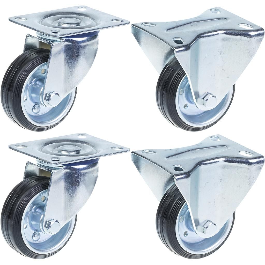 80mm swivel & fixed castors with black rubber on pressed steel centre wheels - S