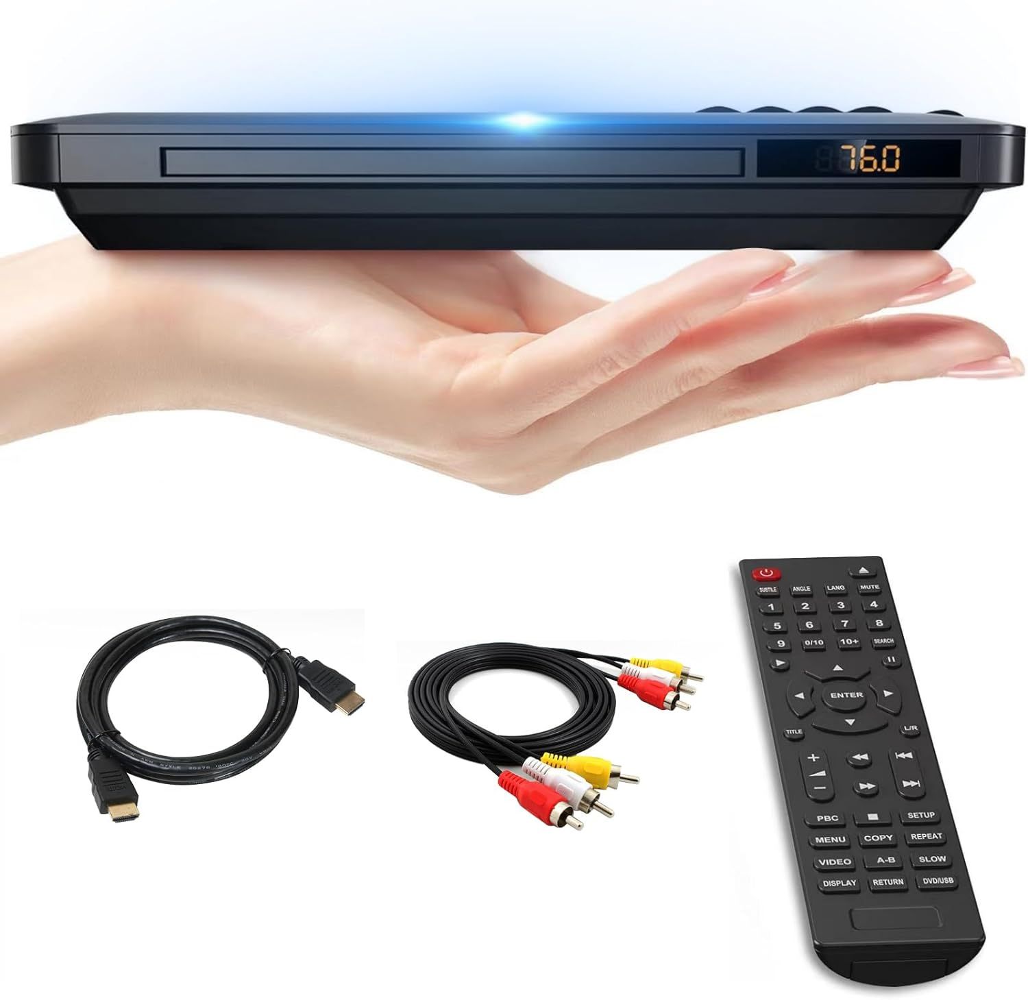 Maite Lecteur DVD Mince, Lecteur DVD Ultra Mince pour TV, Lecteur DVD CD sans région Connexion HDMI RCA, Upscaling HD 1080P, Entrée USB, Correction d'erreurs, Câbles HDMI RCA et télécommande Inclus