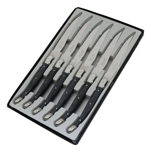 Pradel Excellence Set 6 Couteaux de Table Laguiole Postiche Lames Microdentées Acier Inoxydable Manche ABS Ergonomique Boîte Transparente Élégante 15 7 x 25 7 x 1 5 cm