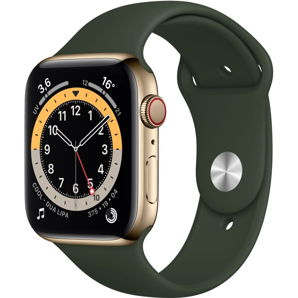 Apple Watch Series 6 (GPS + Cellular) - Boitier 44 mm acier or avec bracelet sport Vert de de Chypre