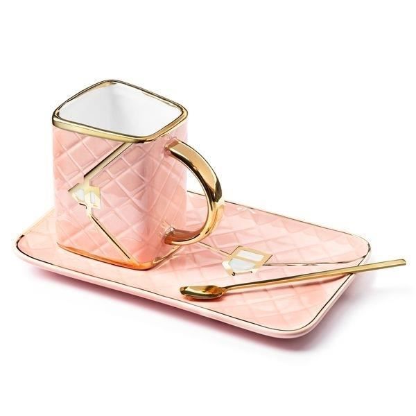 Tasse Sac À Main Avec Assiette Cuillere Mug Matelassé Et Doré - vue 3