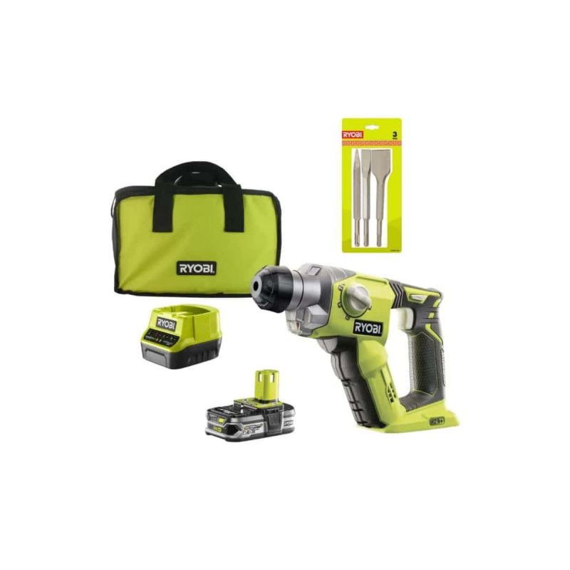 Pack Marteau perforateur RYOBI 18V One+ 1 batterie LithiumPlus 2.5Ah Kit 3 burins SDS+ RAKSPC03