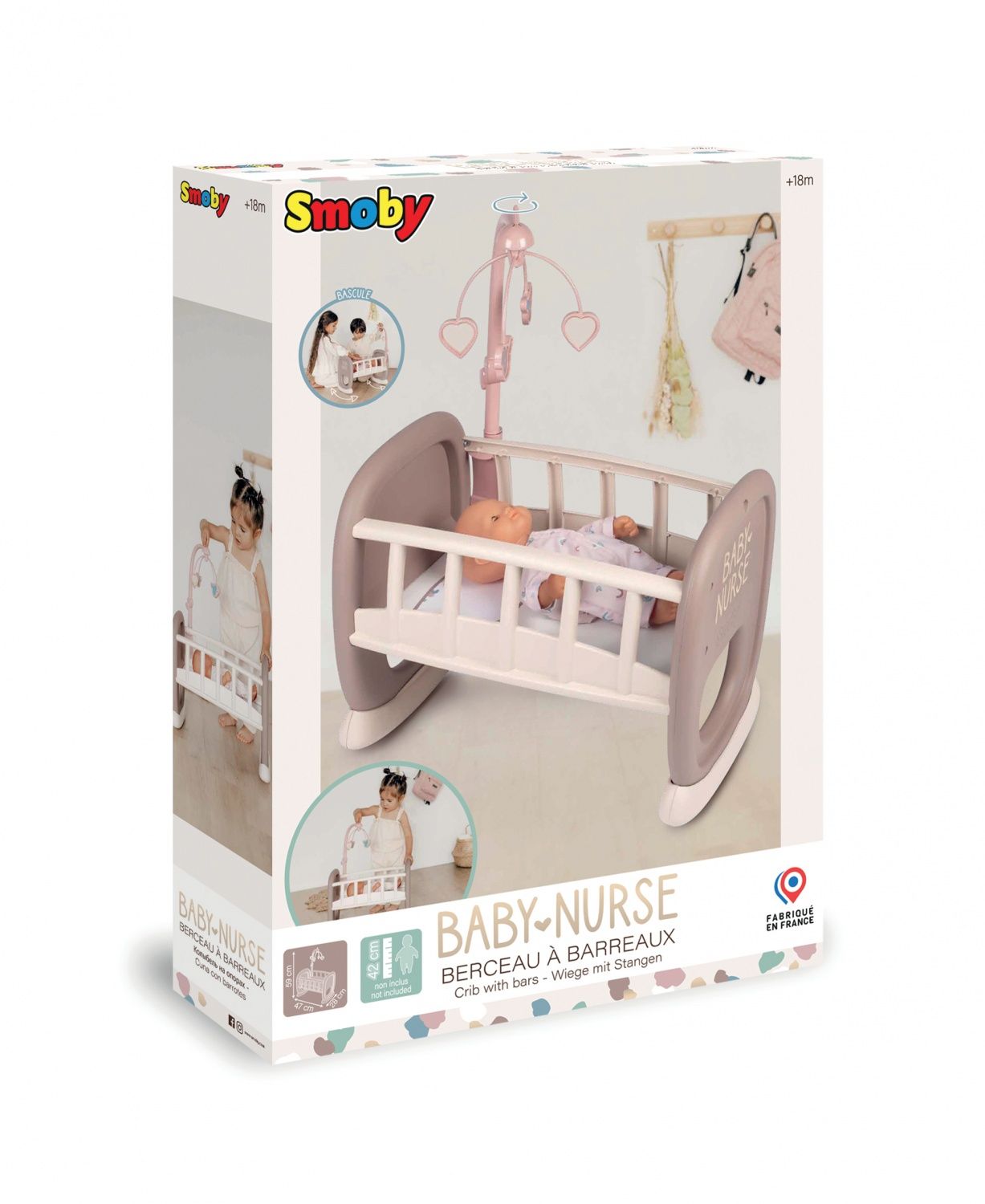 Smoby Baby Nurse Berceau à Barreaux pour Poupons et Poupées Jusqu'à 42 cms Lit avec Système de Bascule + 1 Mobile A Partir de Fabrication Française - vue 8