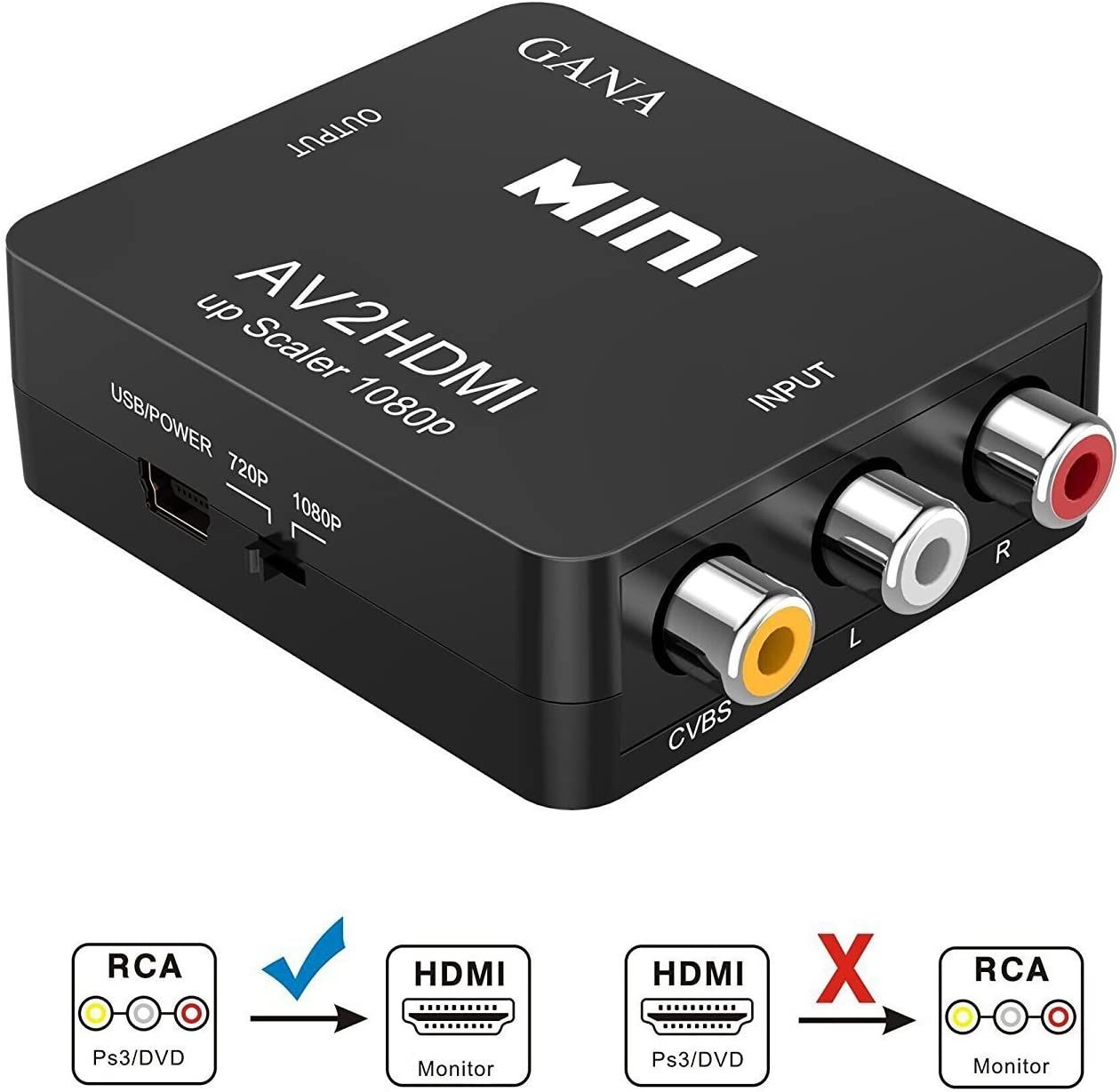 Adaptateur Rca Vers Hdmi | Convertisseur Av Vers Hdmi Adaptateur Av Vers Hdmi Prise En Charge 1080p Avec Câble De Chargement Usb Étui De Protection Pour Pc / Nintendo / Xbox / Ps4 / Ps3 / Tv / Stb / Vhs / Magnétoscope / Appareil Photo / Dvd (Noir)