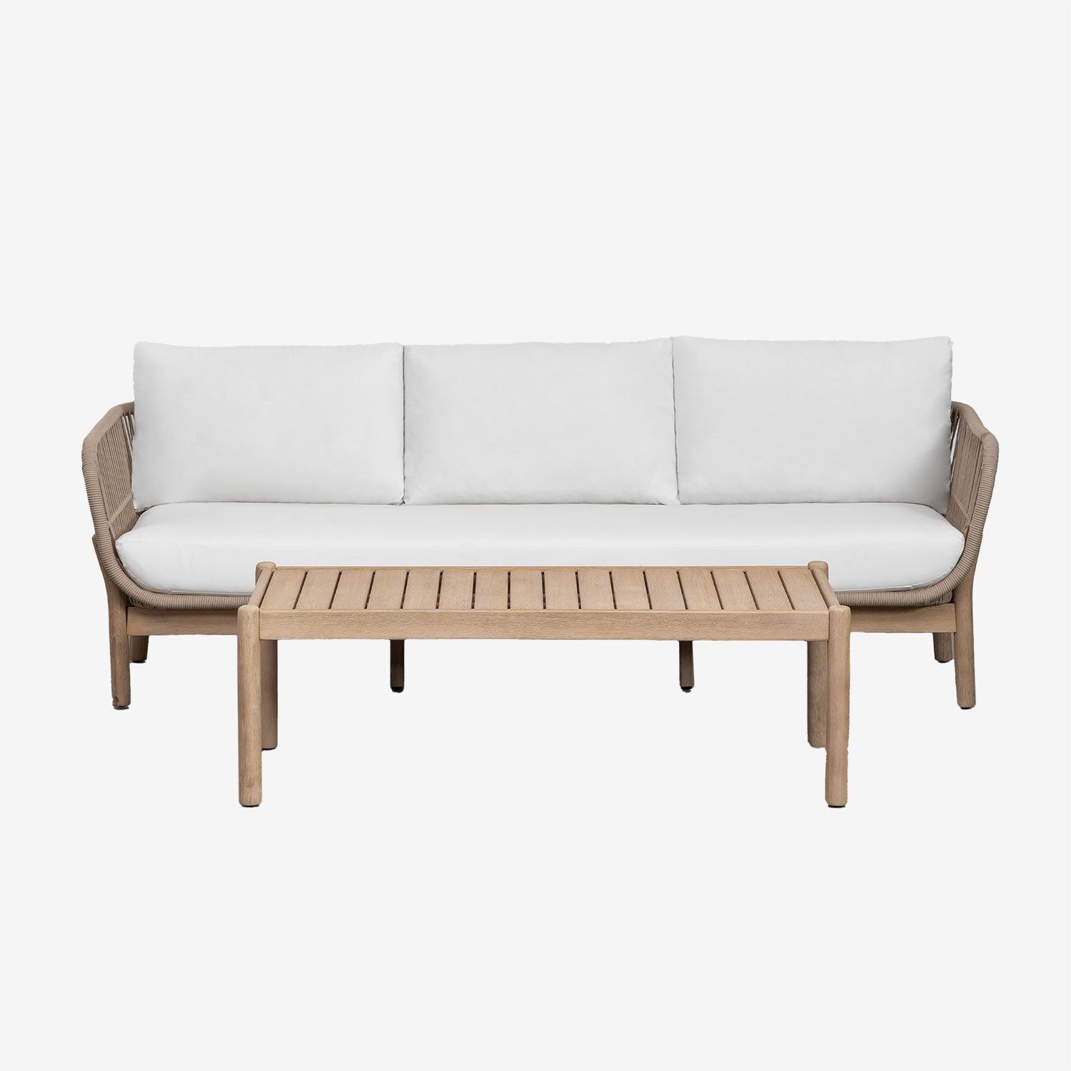 Salon De Jardin 3 Places Et Table Basse Rectangulaire En Aluminium Et Bois D'acacia (120x60 Cm) Karvia Blanc Gardenia