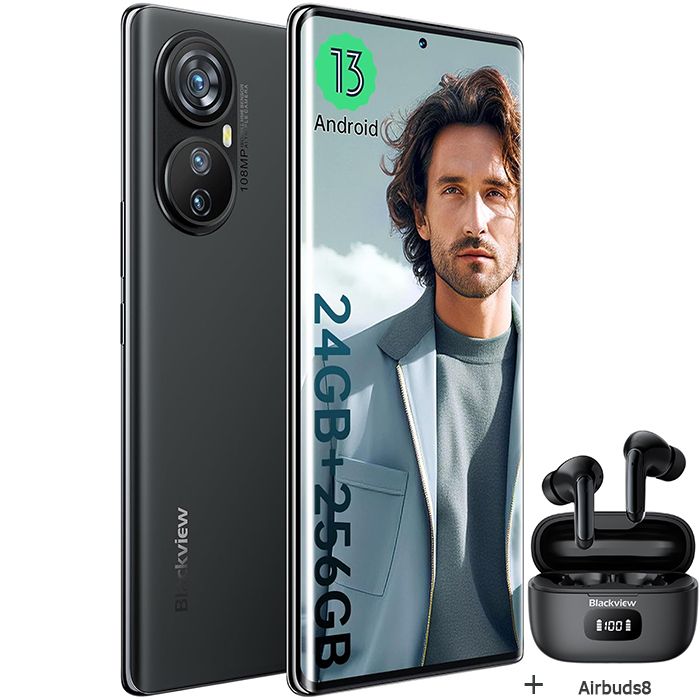 Blackview A200 Pro Smartphone 108MP 6.67" 2.4K écran incurvé 24Go+256Go Android 13 Noir avec Airbuds 8(Noir)