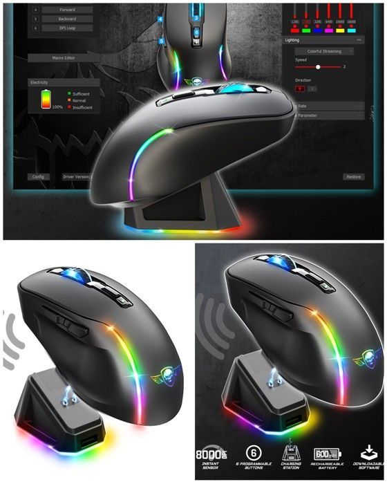 Sans fil M50 2.4ghz 8000DPI 6 BOUTONS RGB rechargeable + station de charge élégante RGB