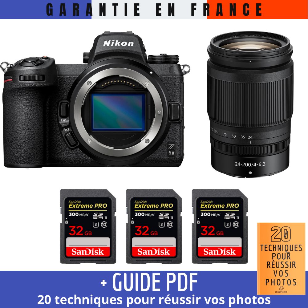 Nikon Z6 II + Z 24-200mm f/4-6.3 VR + 3 SanDisk 32GB Extreme PRO UHS-II SDXC 300 MB/s + Guide PDF ""20 TECHNIQUES POUR RÉUSSIR VOS PHOTOS