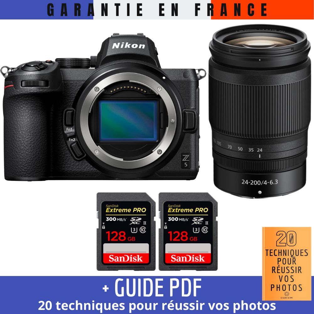 Nikon Z5 + Z 24 200mm f4 6.3 VR + 2 SanDisk Extreme PRO UHS II SDXC 300 MB/ + Guide PDF 20 TECHNIQUES POUR RÉUSSIR VOS PHOTOS