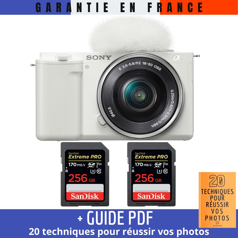 Sony ZV E10 + 16 50mm + 2 SanDisk Extreme PRO UHS I 170 MB/ + Guide PDF 20 TECHNIQUES POUR RÉUSSIR VOS PHOTOS