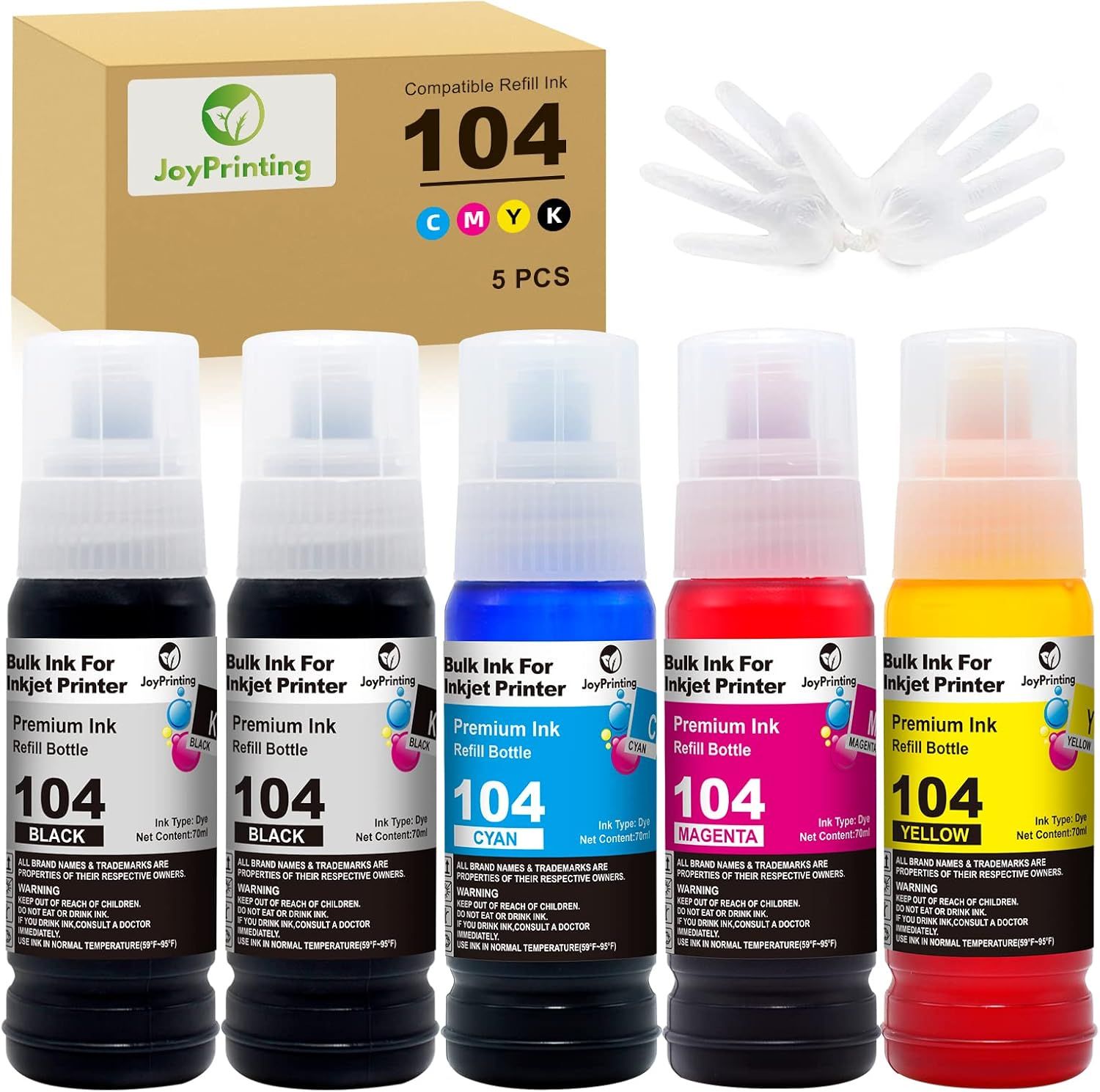 Lot de 5 flacons d'encre de rechange pour Epson 104 Ecotank 70 ml Compatible avec Epson EcoTank ET2710 ET2711 ET2712 ET2714 ET2715 ET2720 ET2721 ET2726 ET4700 (2BK20 CMY