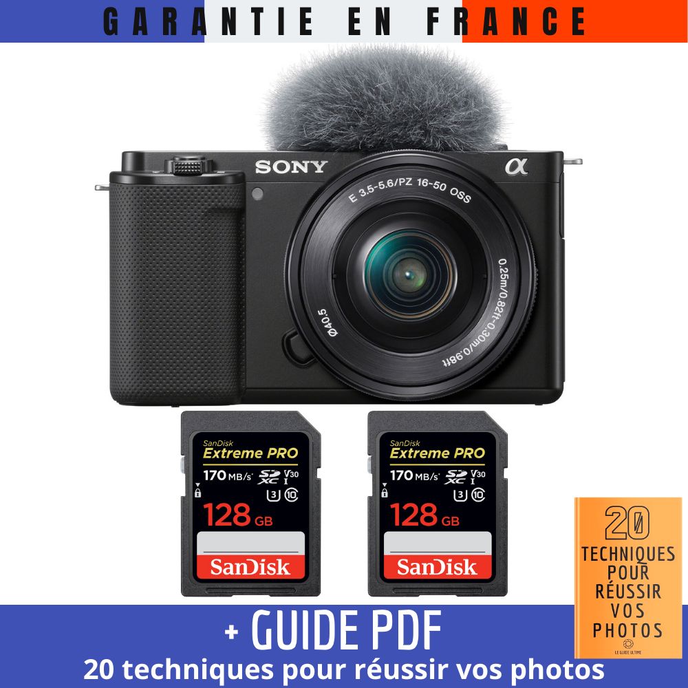 Sony ZV E10 + 16 50mm + 2 SanDisk Extreme PRO UHS I SDXC 170 MB/ + Guide PDF 20 techniques pour réussir vos photos