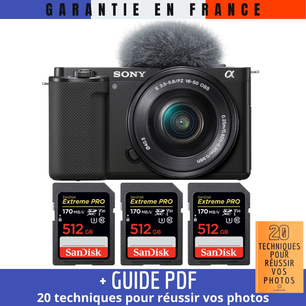 Sony ZV E10 + 16 50mm + 3 SanDisk Extreme PRO UHS I SDXC 170 MB/ + Guide PDF 20 techniques pour réussir vos photos