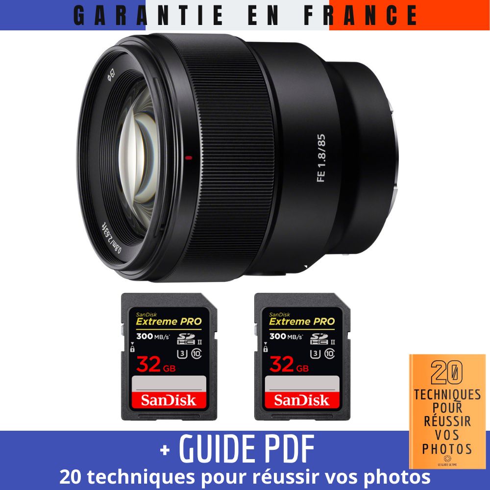 Sony FE 85mm f1.8 + 2 SanDisk Extreme PRO UHS II SDXC 300 MB/ + Guide PDF 20 techniques pour réussir vos photos