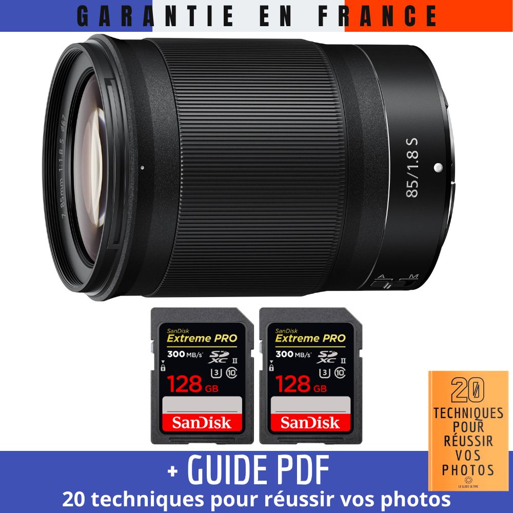 Nikon Z 85mm f/1.8 S + 2 SanDisk 128GB UHS-II 300 MB/s + Guide PDF 20 techniques pour réussir vos photos