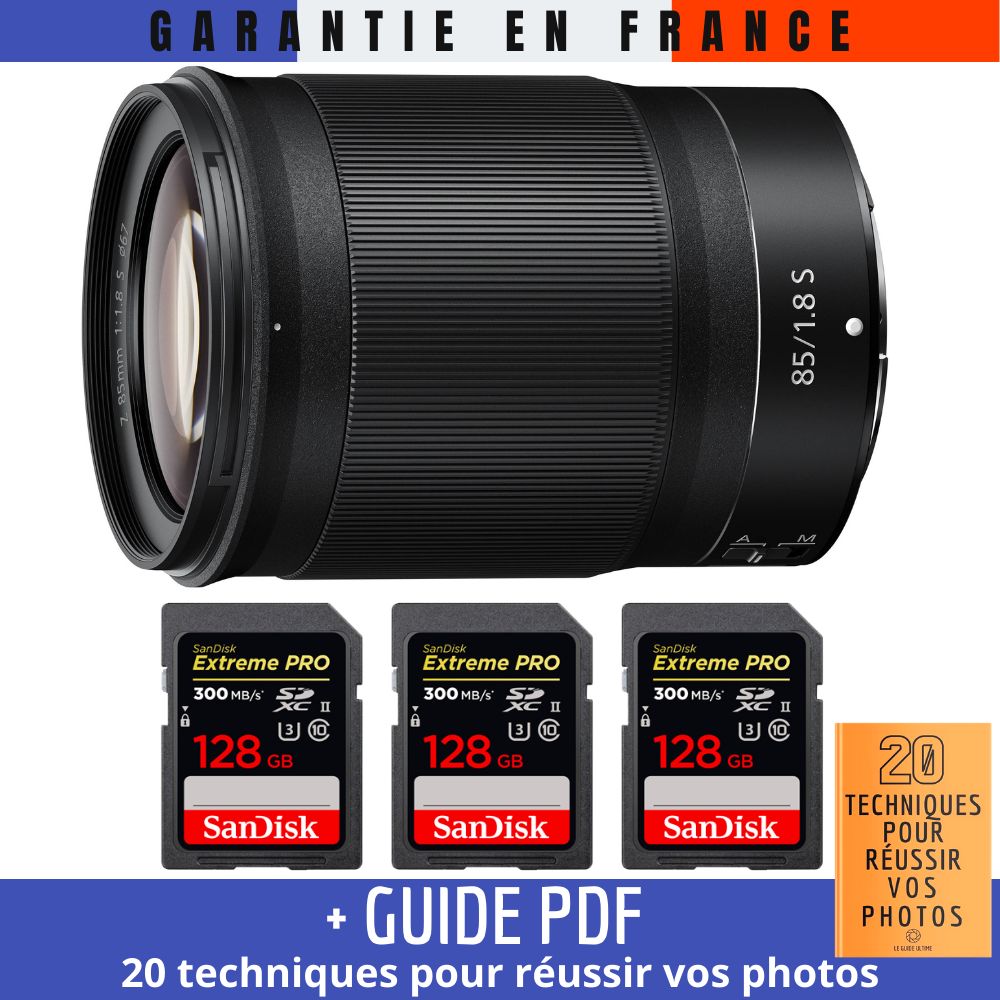 Nikon Z 85mm f/1.8 S + 3 SanDisk 128GB UHS-II 300 MB/s + Guide PDF 20 techniques pour réussir vos photos