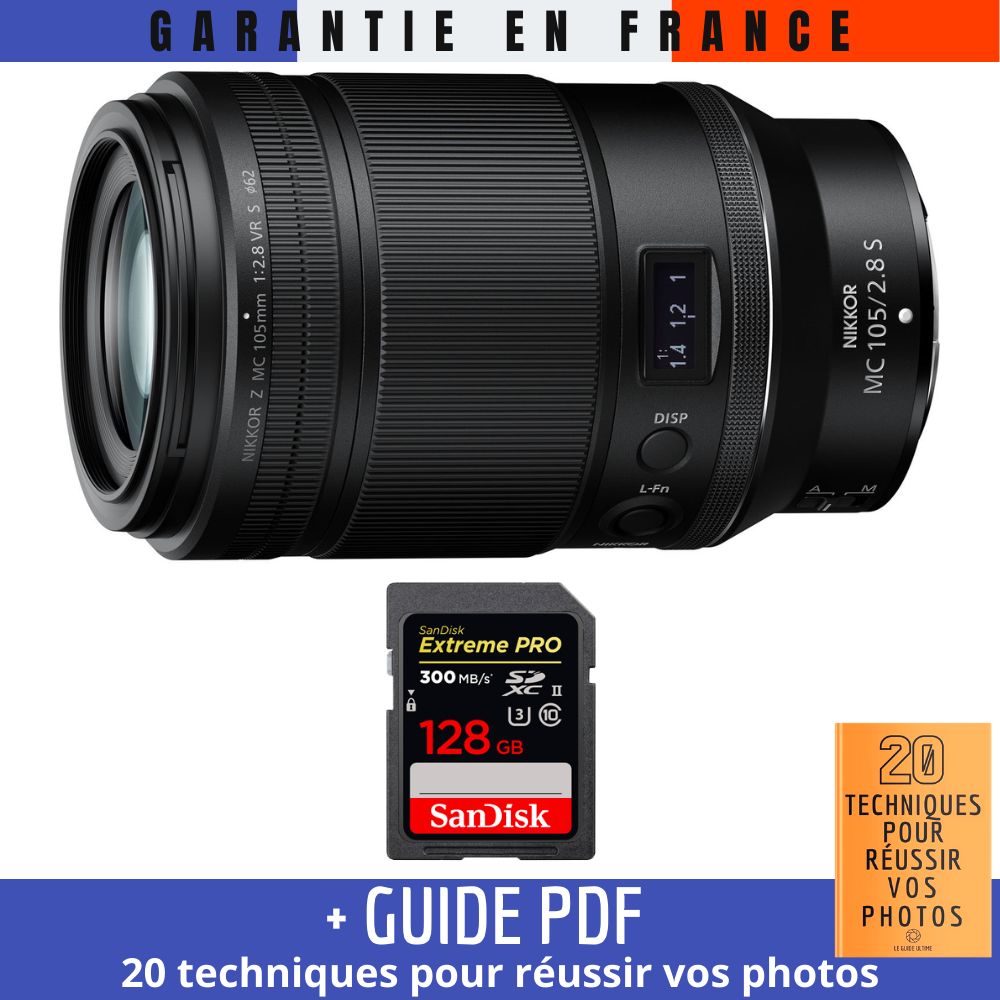 Nikon Z MC 105mm f2.8 VR Macro + 1 SanDisk UHS II 300 MB/ + Guide PDF 20 techniques pour réussir vos photos