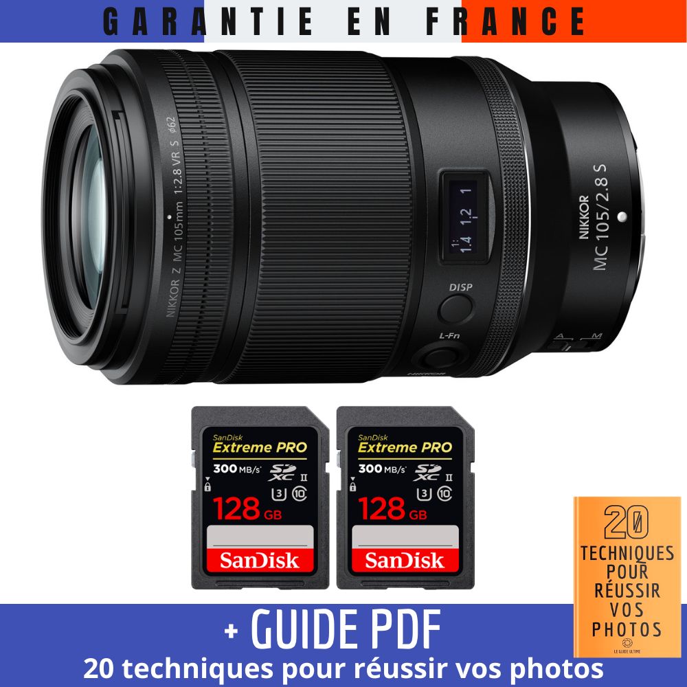 Nikon Z MC 105mm f/2.8 VR S Macro + 2 SanDisk 128GB UHS-II 300 MB/s + Guide PDF 20 techniques pour réussir vos photos