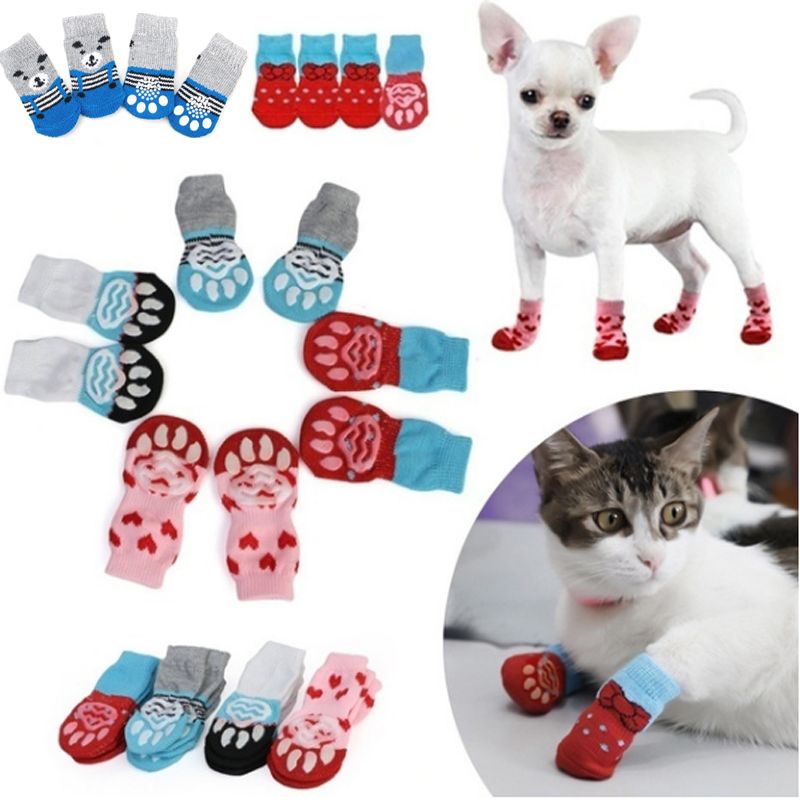 Chaussettes Chaudes Antidérapantes Pour Chien, 4 Pièces/Ensemble, Chaussettes En Tricot Doux Pour Animaux De Compagnie, Chaussures De Chat, Motif De Dessin Animé