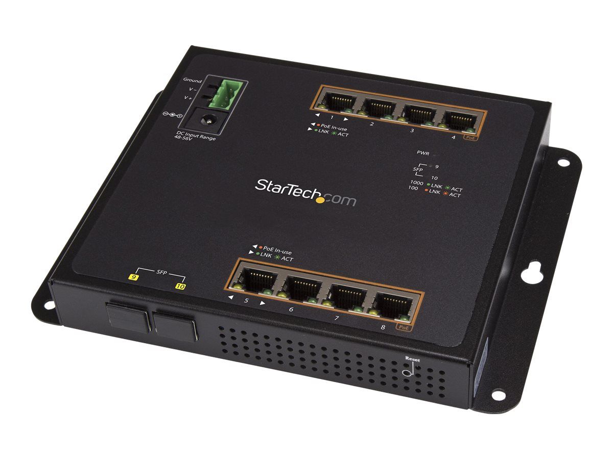 StarTech.com Switch Gigabit Ethernet géré à 8 ports PoE+ avec 2 connexions SFP Fixation murale et accès en façade IES101GP2SFW Commutateur Géré 8 x 101001000 PoE+ + 2 x SFP ...